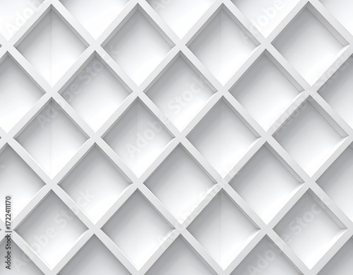 Intricate diamond pattern of a white, hollow, geometric structure, creating depth and shadow with clean, modern architectural design
