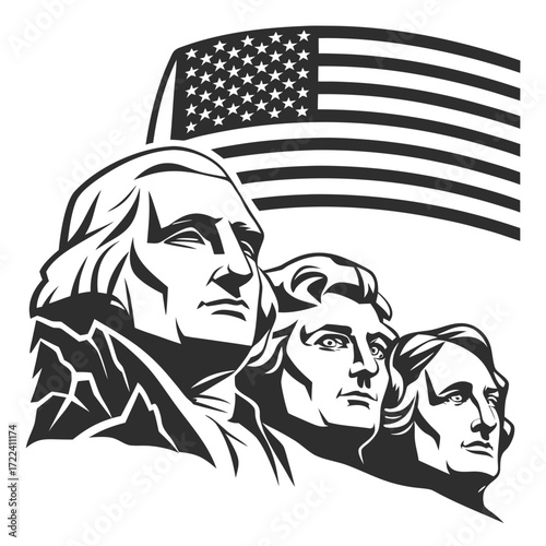 "Mount Rushmore silhouette art South Dakota USA landmark poster, iconic presidential monument illustration, black and white minimalist travel wall decor for patriotic American history lovers"