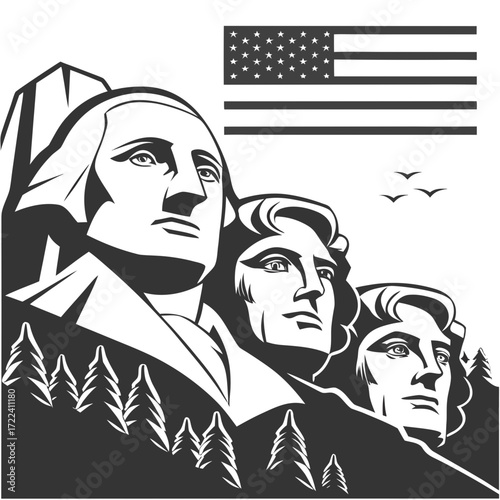 "Mount Rushmore silhouette art South Dakota USA landmark poster, iconic presidential monument illustration, black and white minimalist travel wall decor for patriotic American history lovers"