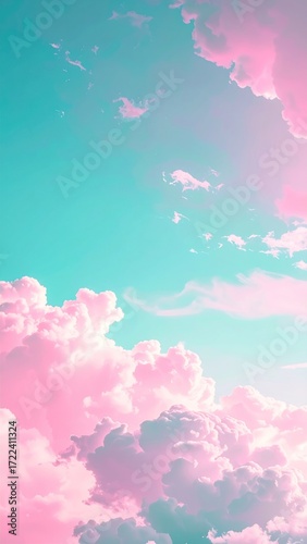 Soft, cotton candy-colored clouds drift serenely across a pastel turquoise sky, creating a dreamy, ethereal ambiance with gentle, muted tones