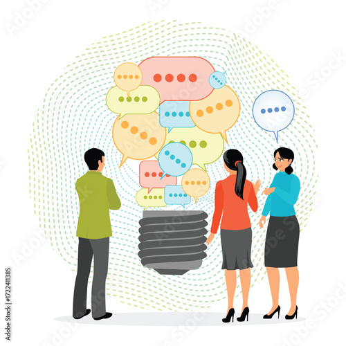 Team opinion new idea concept. Business Team discuss With Colorful Speech Bubbles Around A Light Bulb