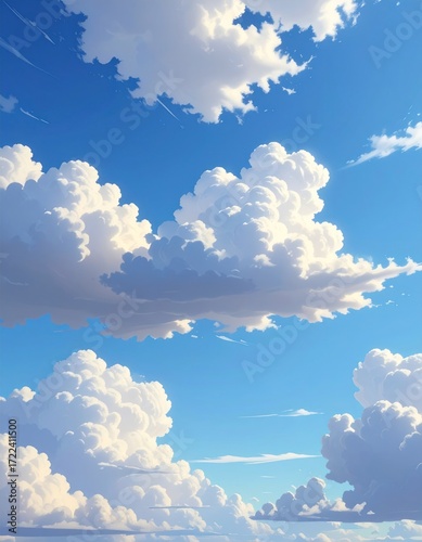 Fluffy white cumulus clouds drift across a vibrant blue sky, creating a serene and airy atmosphere, suggestive of peace and calm weather