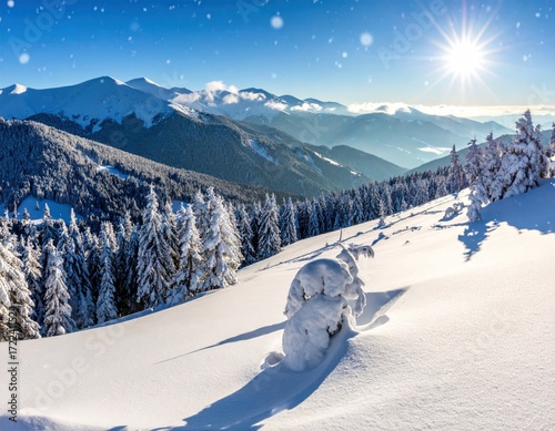 A snow-covered mountain range with sunlit peaks and frosted trees, under a bright sun and falling snowflakes. Serene and picturesque winter scene