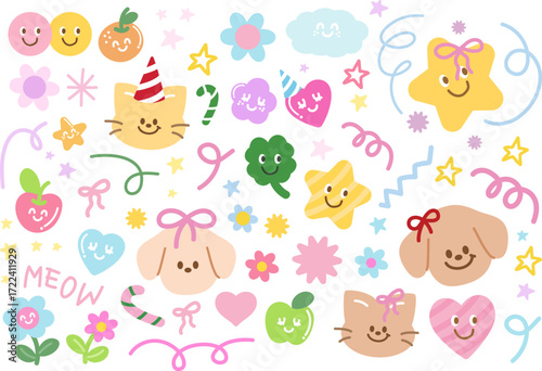 Pastel vector illustrations of cat, puppy, abstract shapes, doodles, star, clover leaf, apple, orange for animal, cartoon character, stickers, spring, summer, toy, cute patch, picnic, nature, garden