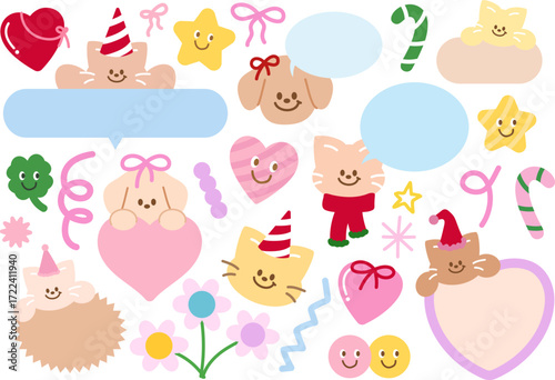 Pastel vector illustrations of cat, puppy, text bubbles, winter scarf, heart, flowers, candy cane for animal, cartoon character, stickers, festive icons, toy, Christmas elements, pet shop, name tag