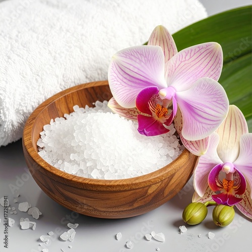 Wooden bowl brimming with white crystals, two vibrant orchid blooms, and a leafy backdrop create a serene spa-like ambiance on a gray surface