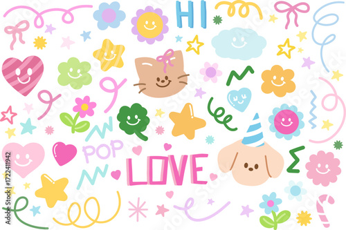 Pastel vector illustrations of cat, puppy, abstract shapes, doodles, star, clover leaf, flowers for animal, cartoon character, stickers, spring, summer, toy, cute patch, picnic, nature, garden