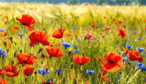 Vibrant field filled with red poppies and blue cornflowers under golden wheat, bathed in warm sunlight, evokes a sense of pastoral tranquility