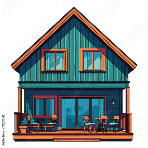 Vector Illustration of Modern Cabin House with Deck and Large Windows in Vibrant Blue and Brown Colors in Geometric Style