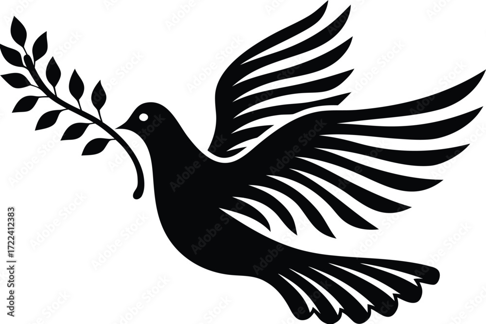 Obraz premium A black silhouette of a dove carrying an olive branch in flight