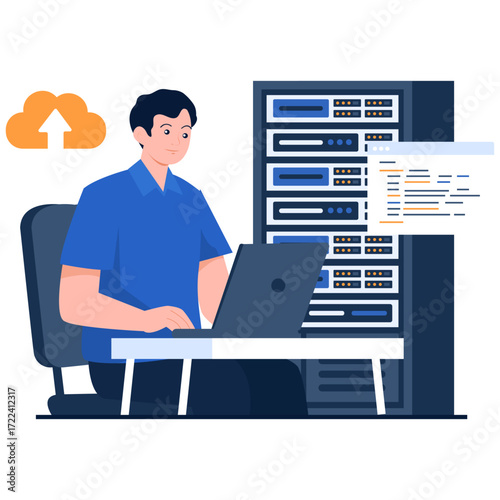 Man at computer near server rack and cloud icon