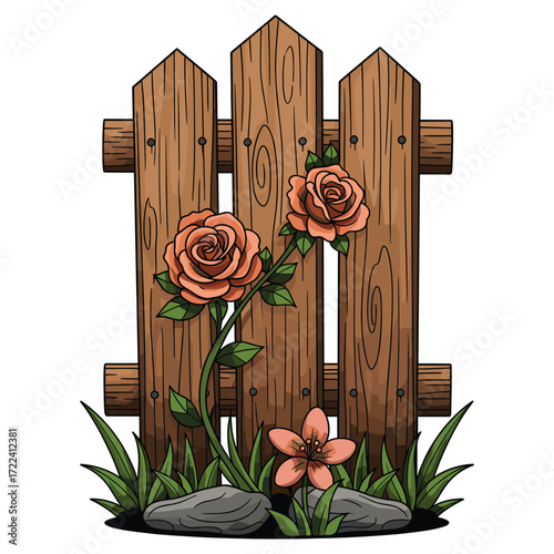 Vector Illustration of Rose Flowers and Wooden Fence in Organic Style