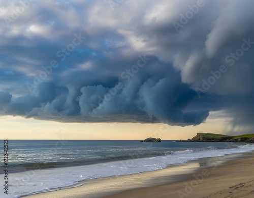 Dramatic sky over a tranquil beach at dusk, with waves lapping at the shore.
