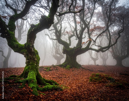 Eerie forest scene with moss-covered trees and fallen leaves, set against a hazy, mysterious backdrop in a misty woodland setting
