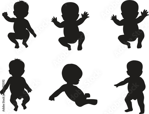 Silhouettes of babies in various poses a collection of infant shapes