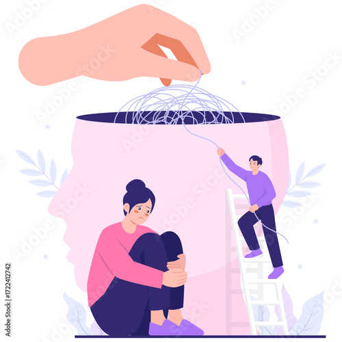 Human head with tangled thoughts being organized by two people