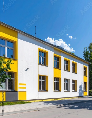 Yellow-and-white building with windows against blue sky, street. Modern architecture. Sunny day. Peaceful neighborhood. Bright
