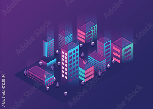 Isometric city buildings in a neon purple and blue glow