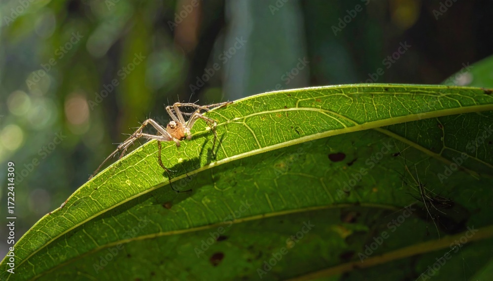 Fototapeta premium A tan spider stretches across a bright green leaf illuminated by sunlight, with a forest background blurred into soft bokeh