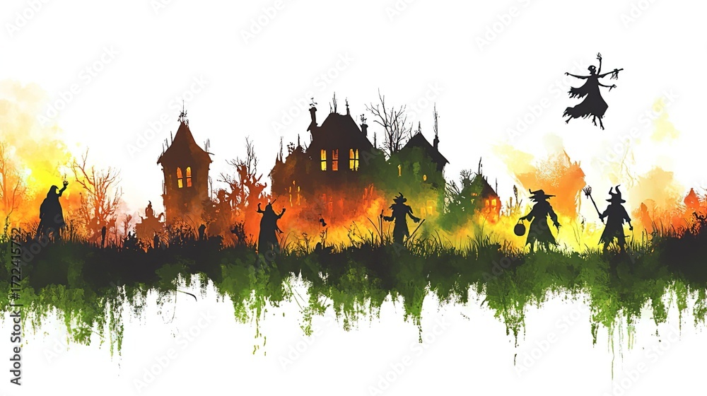Obraz premium Silhouettes of Witch - costumed Kids Holding Jack - o - lanterns on a Halloween Night with Bats and Full Moon