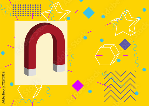 Magnet geometrical graphic retro theme background. Minimal geometric elements. Vintage abstract shapes vector illustration.