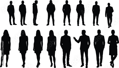 Silhouette collection of business people, men and women, corporate teamwork, professional staff, office workers, vector illustration, modern fashion, design resource