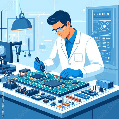 A skilled electronics engineer at a workbench, representing the precision in Technology and AI Professions and hardware innovation