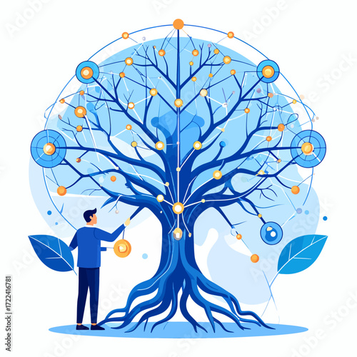 Man tending a futuristic digital tree, symbolizing the complex systems and growth in Technology and AI Professions