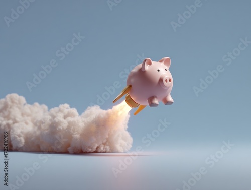 A pink piggy bank with a rocket booster, propelled forward amidst white smoke, against a soft blue background, evoking financial growth