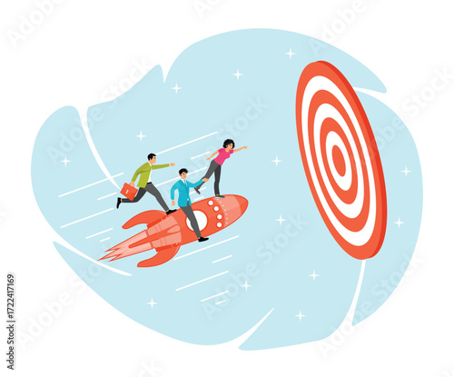 Team target achievement concept. Business people riding rocket to reach target bullseye.