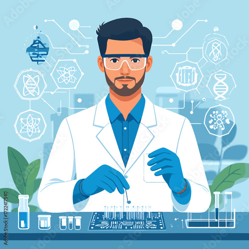 A dedicated male researcher in a modern laboratory, symbolizing the future of scientific discovery within Technology and AI Professions