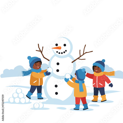 Three diverse children in colorful winter coats, hats, and scarves are happily building a large snowman in a snowy field, depicted in a cheerful flat 2D vector illustration with vibrant colors.