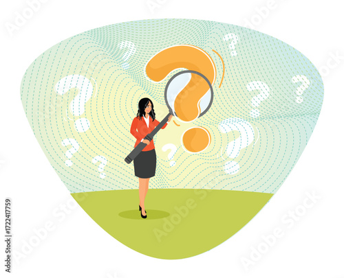Problem analysis concept. Businesswoman analyze question mark with magnifying glass.
