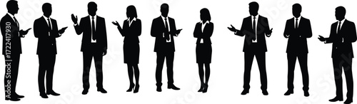 Silhouette group of business people standing, discussing ideas, teamwork collaboration, corporate meeting, professional communication, office management, leadership success, strategy planning.