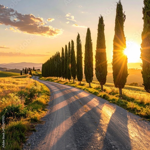 Winding dirt road lined with tall cypress trees under a golden sunset in a picturesque, hilly landscape, creating long shadows