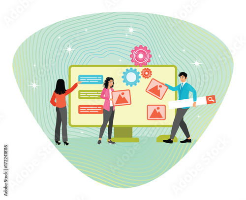 Customizable software development concept. Hands help building website on computer screen.