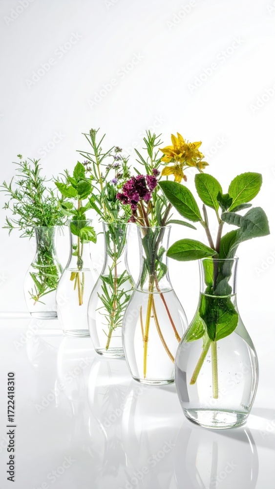 Obraz premium A row of glass vases holds different herb cuttings with water, set against a white background with soft lighting