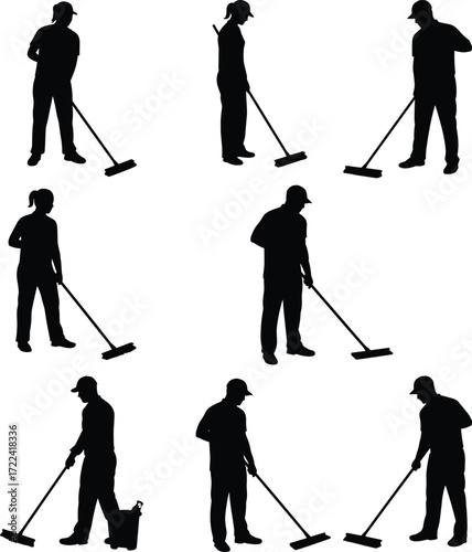 Silhouette janitor cleaning floor, workers sweeping with broom, professional housekeeping service, sanitation staff, hygiene maintenance, cleaning tools, 