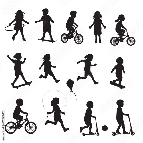 Silhouettes of children engaged in various outdoor activities like skateboarding, cycling, and playing with a hula hoop.