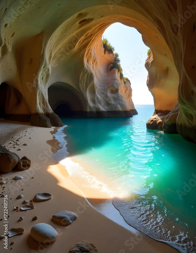Sunlit Coastal Cave Opening to the Ocean
