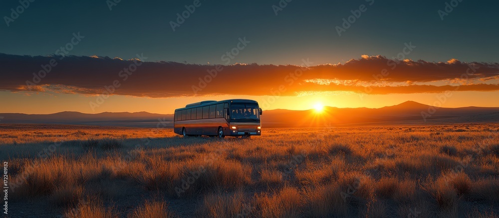 Fototapeta premium Sunset over a desert landscape with a bus.