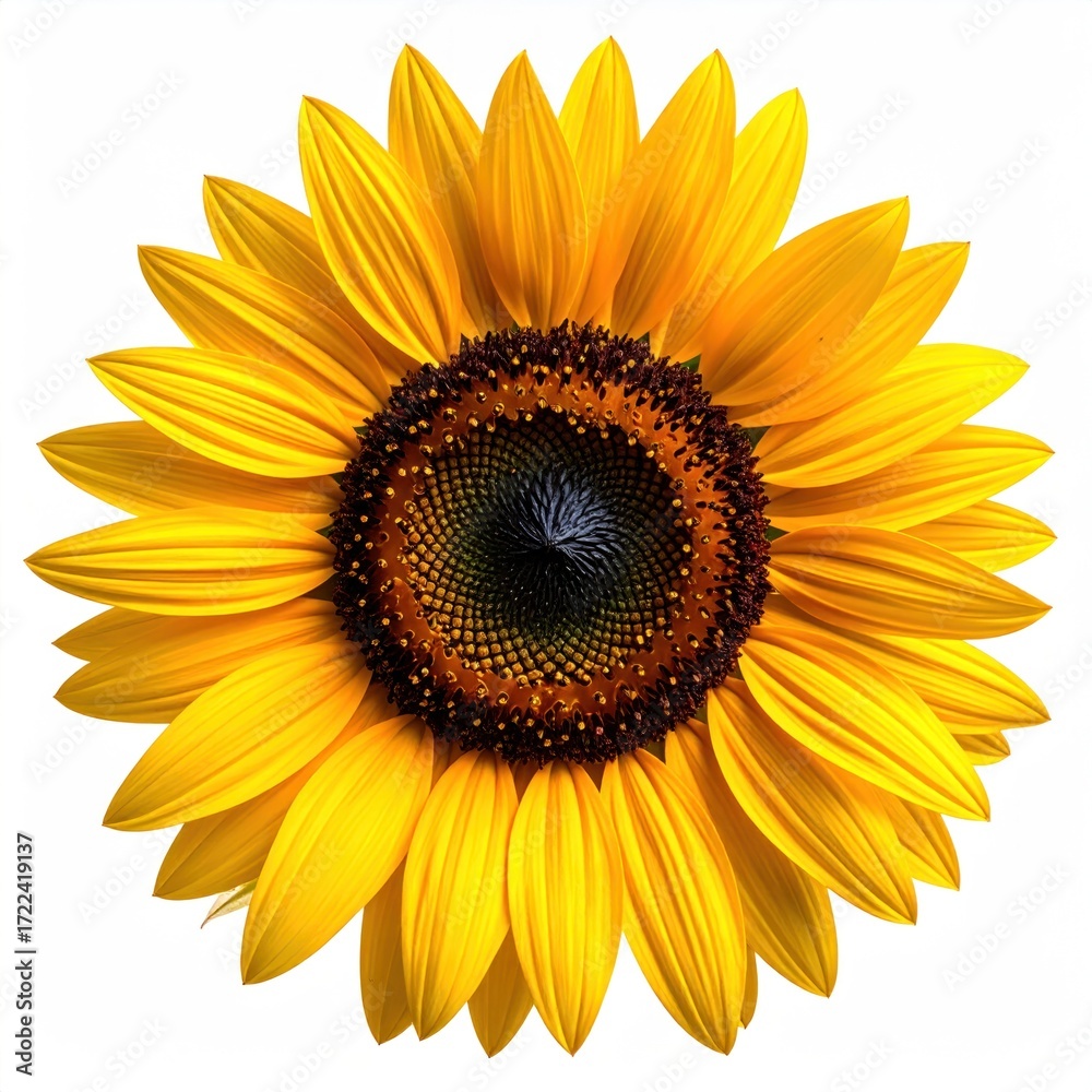 Fototapeta premium A bright sunflower with vibrant yellow petals and a dark brown center, isolated against a white background, showcasing its natural beauty