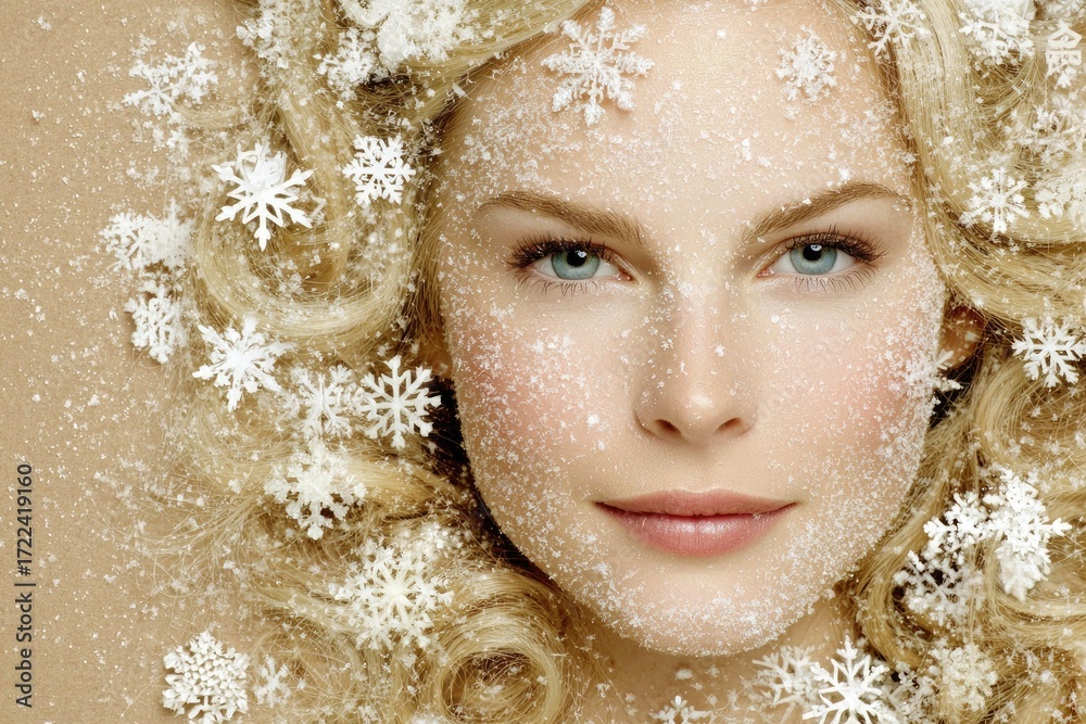Obraz premium Woman's face adorned with snowflakes.