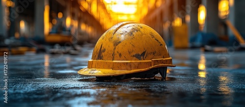 Dirty yellow hard hat sits on wet construction floor.