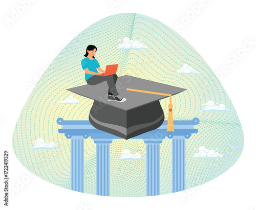 Learning or education concept. Graduate Student On a Graduation Cap With Laptop.