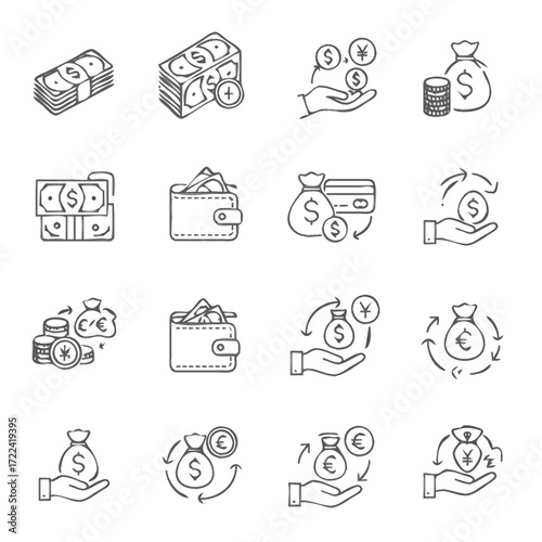 A collection of line art icons representing various financial transactions and currency symbols, including money bags, wallets, and hands exchanging coins and bills.
