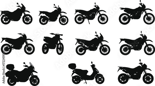 Silhouette motorcycles and scooters collection, motorbike vector set, transport illustration, black two wheel vehicles, biker design, travel, racing, adventure concept.