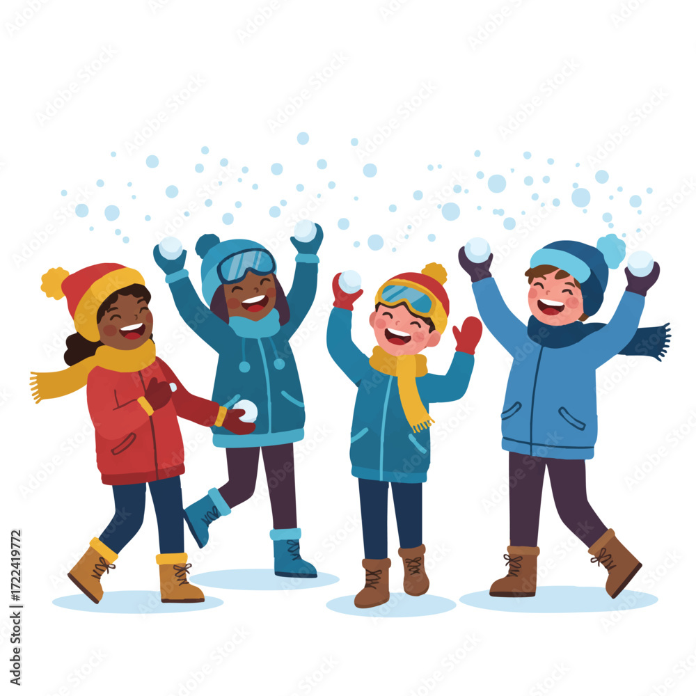 Fototapeta premium Happy diverse children throwing snowballs during a joyful winter snowball fight in a vibrant flat 2D vector illustration with flying snow on a white background.