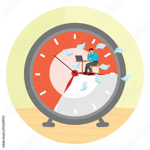 Time Pressure concept. Office Worker At Giant Clock Desk Surrounded By Flying Papers.
