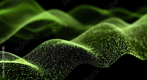 Abstract wavy green shapes formed from tiny dots against a dark background. Depth of field effect